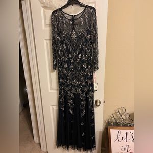 Adrianna Papell Dark Blue Beaded Winter Long Sleeve Formal Gown
